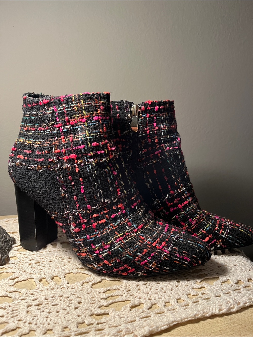 Black Tweed Ankle Booties with Pink Multi-Thread Detail size 7.5